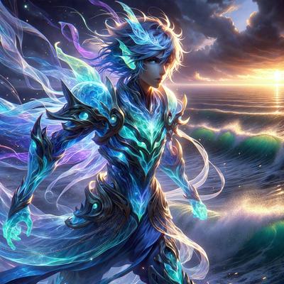 The primary subject of the image is a person, likely a male, dressed in a blue and purple outfit with a flowing cape. The setting is a beach, with the ocean visible in the background. The visual style appears to be a digital art or illustration, as the person is depicted with a fantastical, otherworldly appearance. The colors and mood of the image are predominantly blue and purple, creating a sense of mystery and otherworldliness.